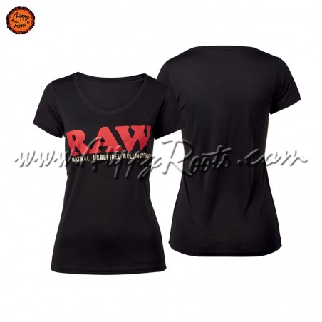 T-shirt RAW Preta Mulher Gola em V Logo